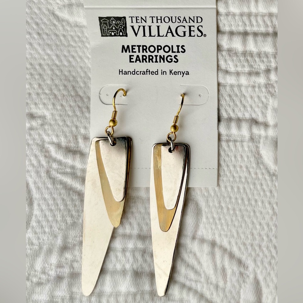Ten Thousand Villages steel and brass Metropolis Earrings